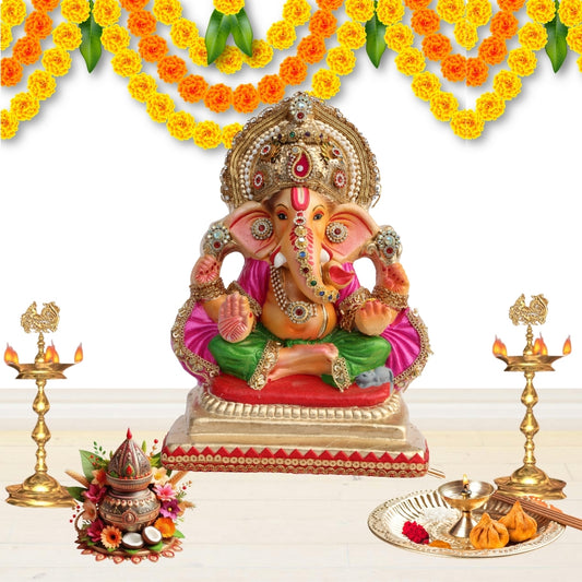 11 Inch – Traditional Ganesha Idol in Magenta & Green Attire | Shadu Mitti Murti with Kundan Crown & Ornamental Detailing