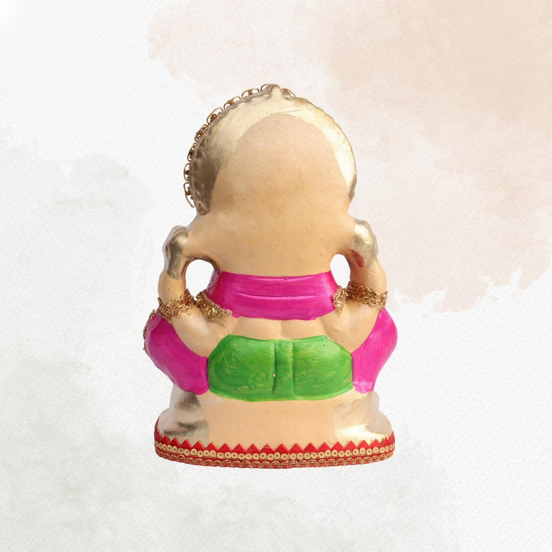 11 Inch – Traditional Ganesha Idol in Magenta & Green Attire | Shadu Mitti Murti with Kundan Crown & Ornamental Detailing
