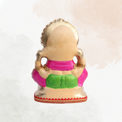 11 Inch – Traditional Ganesha Idol in Magenta & Green Attire | Shadu Mitti Murti with Kundan Crown & Ornamental Detailing