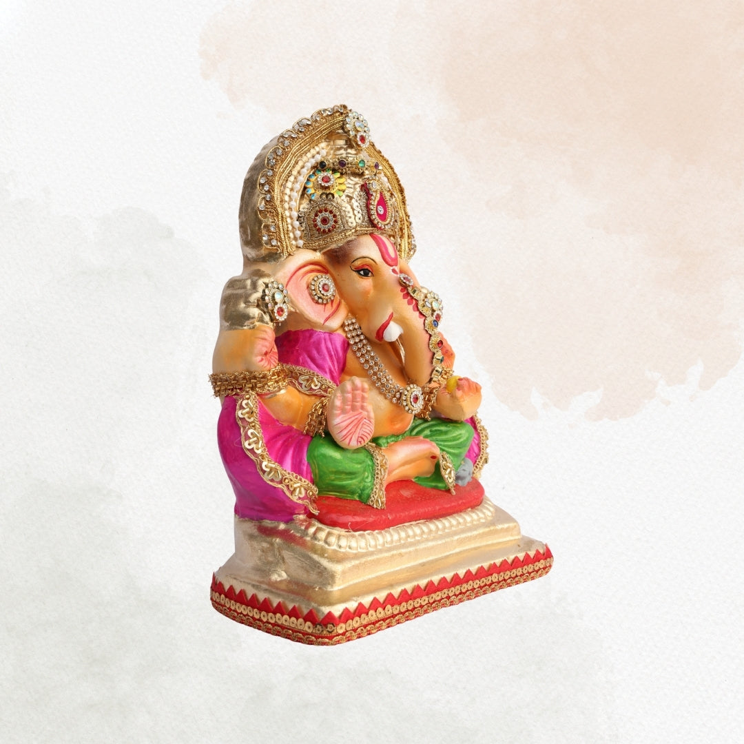 11 Inch – Traditional Ganesha Idol in Magenta & Green Attire | Shadu Mitti Murti with Kundan Crown & Ornamental Detailing