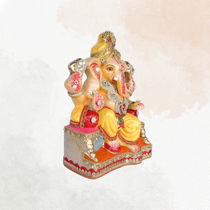 13 Inch – Royal Seated Ganesha Idol in Yellow Dhoti | Shadu Mitti Clay Murti with Bejeweled Golden Pagdi & Red Throne Base