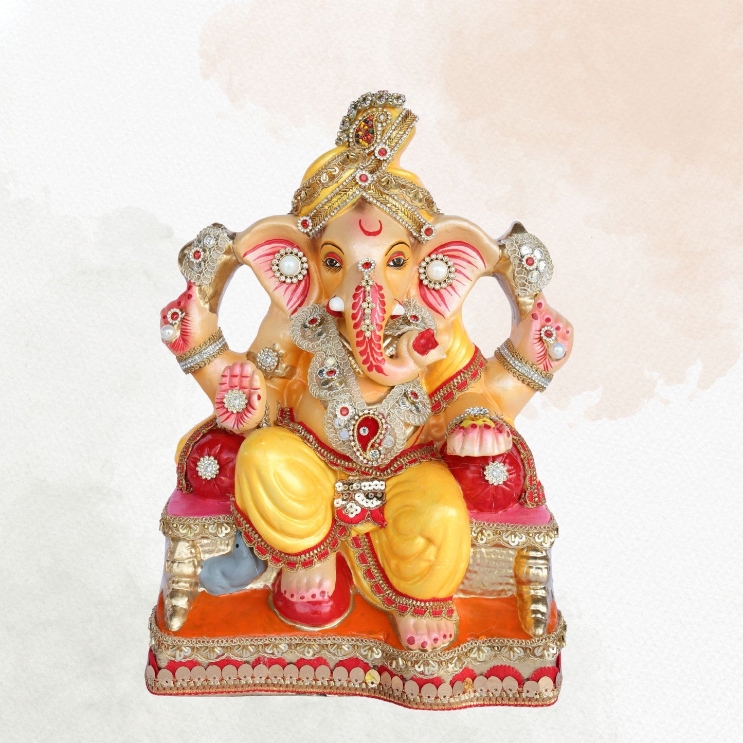13 Inch – Royal Seated Ganesha Idol in Yellow Dhoti | Shadu Mitti Clay Murti with Bejeweled Golden Pagdi & Red Throne Base