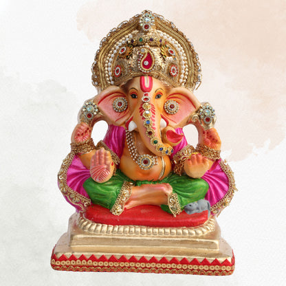 11 Inch – Traditional Ganesha Idol in Magenta & Green Attire | Shadu Mitti Murti with Kundan Crown & Ornamental Detailing