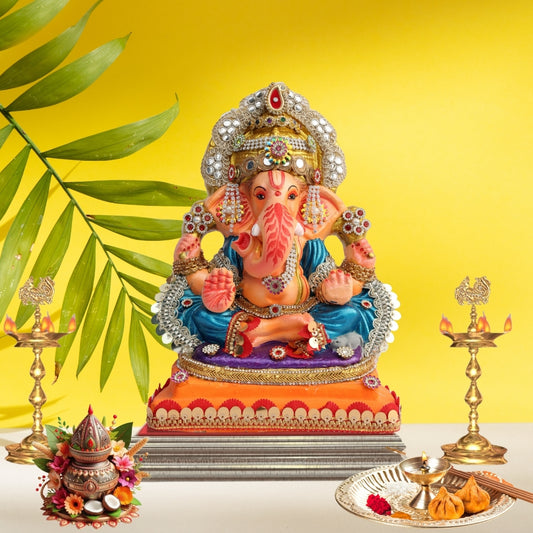11 Inch – Royal Blue Ganesha Idol with Stone Studded Crown | Shadu Mitti Eco-Friendly Murti in Orange Base