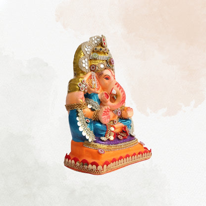 11 Inch – Royal Blue Ganesha Idol with Stone Studded Crown | Shadu Mitti Eco-Friendly Murti in Orange Base