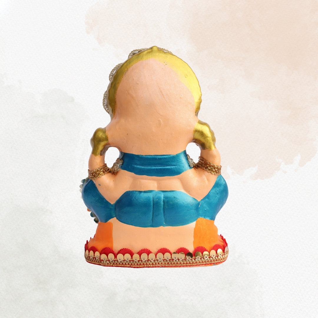 11 Inch – Royal Blue Ganesha Idol with Stone Studded Crown | Shadu Mitti Eco-Friendly Murti in Orange Base