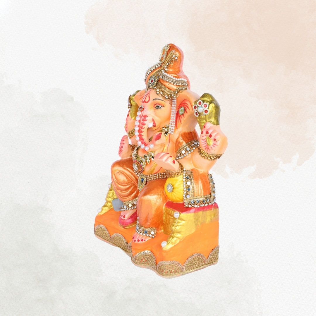 13 Inch – Traditional Orange Ganesha Idol | Decorated with Stones & Crown | Eco-Friendly Clay Murti