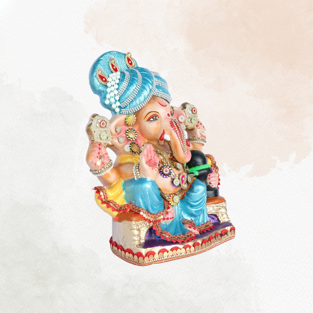 14 Inch – Majestic Blue Turban Ganesha Idol with Shivling | Handcrafted Shadu Mitti Murti | Eco-Friendly & Visarjan Friendly