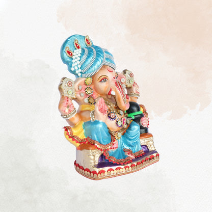 14 Inch – Majestic Blue Turban Ganesha Idol with Shivling | Handcrafted Shadu Mitti Murti | Eco-Friendly & Visarjan Friendly