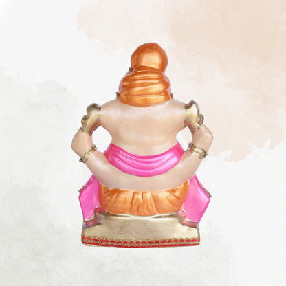 13 Inch – Regal Seated Ganesha Idol in Orange-Pink Attire Shadu Mitti Clay Murti with Gold Crown & Stone Work