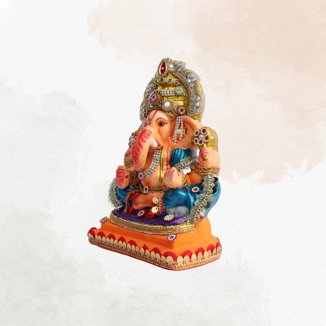 11 Inch – Royal Blue Ganesha Idol with Stone Studded Crown | Shadu Mitti Eco-Friendly Murti in Orange Base