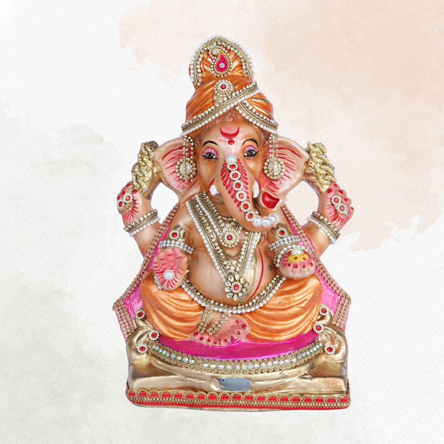 13 Inch – Regal Seated Ganesha Idol in Orange-Pink Attire Shadu Mitti Clay Murti with Gold Crown & Stone Work