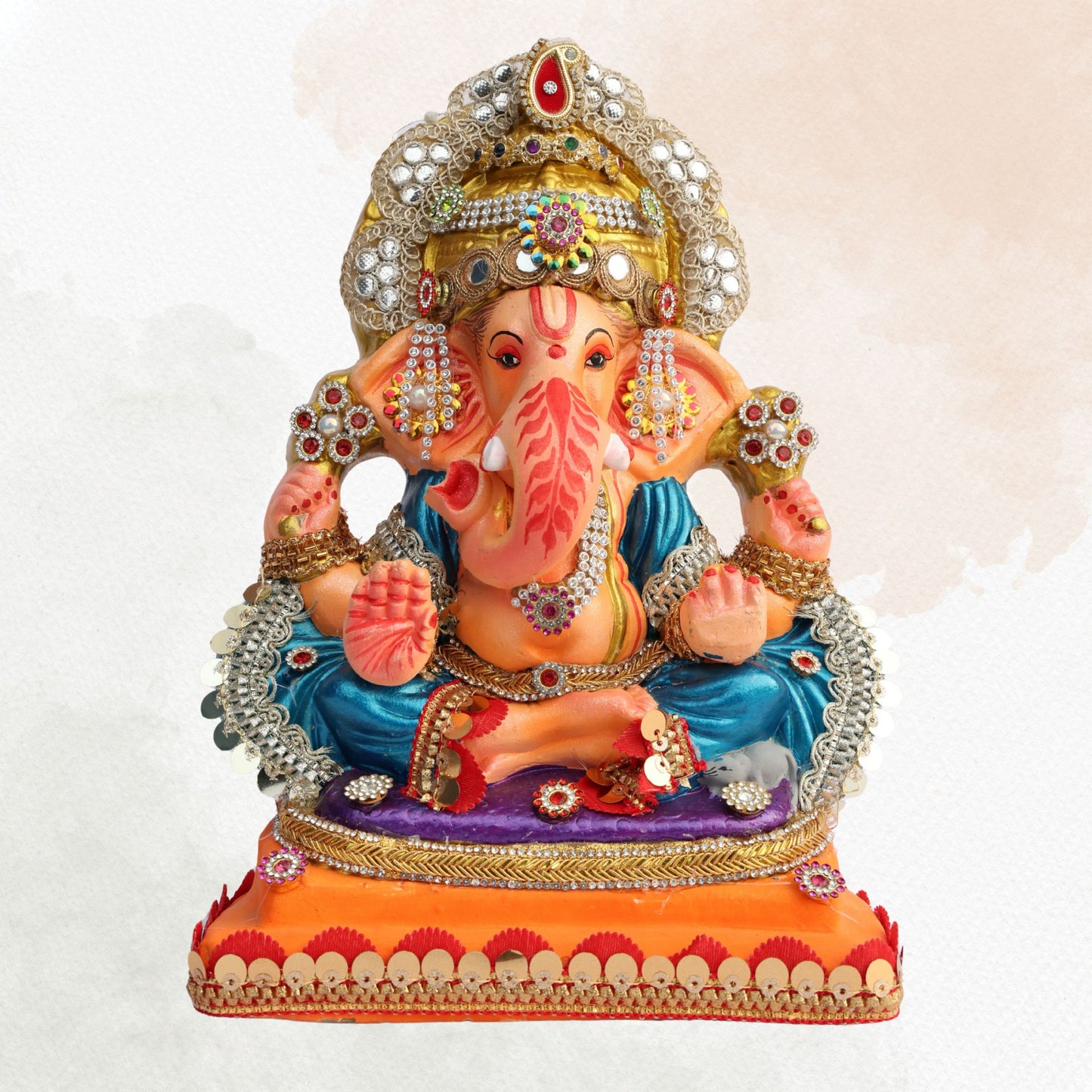 11 Inch – Royal Blue Ganesha Idol with Stone Studded Crown | Shadu Mitti Eco-Friendly Murti in Orange Base