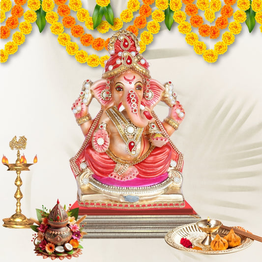 13 Inch – Traditional Sitting Ganesha Idol in Red Shadu Mitti with Golden Crown & Pearl Stone Adornments