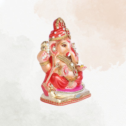13 Inch – Traditional Sitting Ganesha Idol in Red Shadu Mitti with Golden Crown & Pearl Stone Adornments
