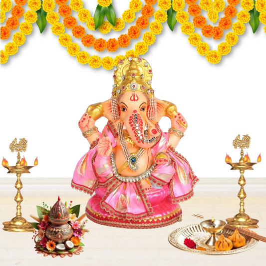 13 Inch – Divine Seated Ganesha Idol in Pink Silk Attire Shadu Mitti Clay Murti with Gold Crown & Peacock Motif Stone Work