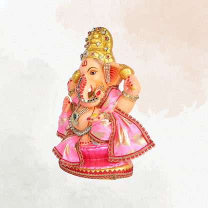 13 Inch – Divine Seated Ganesha Idol in Pink Silk Attire Shadu Mitti Clay Murti with Gold Crown & Peacock Motif Stone Work