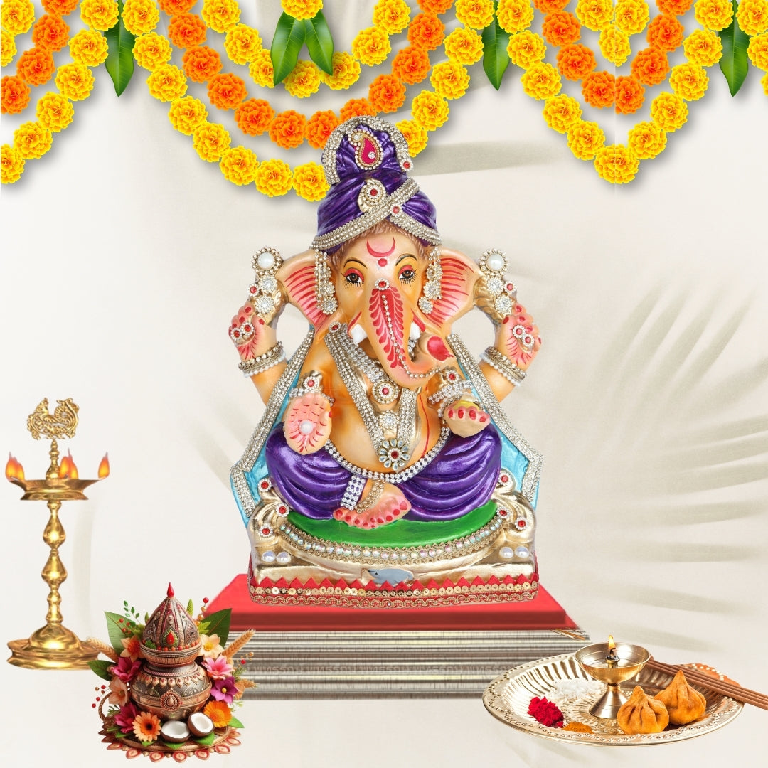 13 Inch – Royal Seated Ganesha Idol in Purple Attire Shadu Mitti Clay Murti with Blue Shawl & Pearl Stone Crown