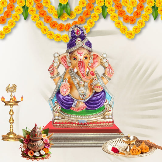 13 Inch – Royal Seated Ganesha Idol in Purple Attire Shadu Mitti Clay Murti with Blue Shawl & Pearl Stone Crown