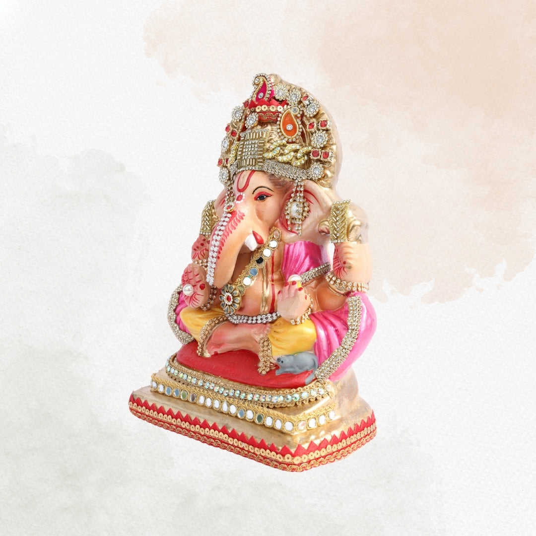 11 Inch – Elegant Seated Ganesha Idol in Pink-Yellow Attire | Shadu Mitti Eco-Friendly Murti with Heavy Golden Crown & Pearl Detailing