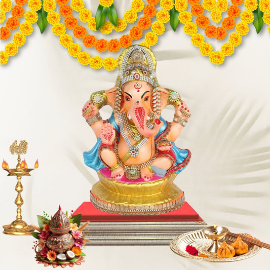 13 Inch – Royal Ganesha Idol  | Blue & Gold Attire | Stone-Studded | Eco-Friendly Clay
