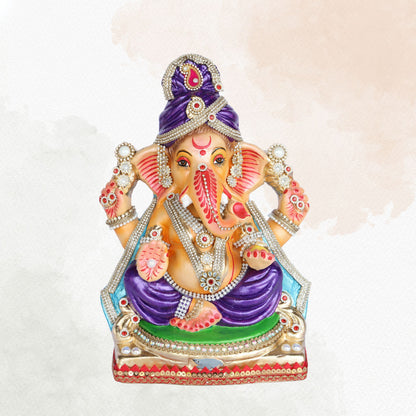 13 Inch – Royal Seated Ganesha Idol in Purple Attire Shadu Mitti Clay Murti with Blue Shawl & Pearl Stone Crown