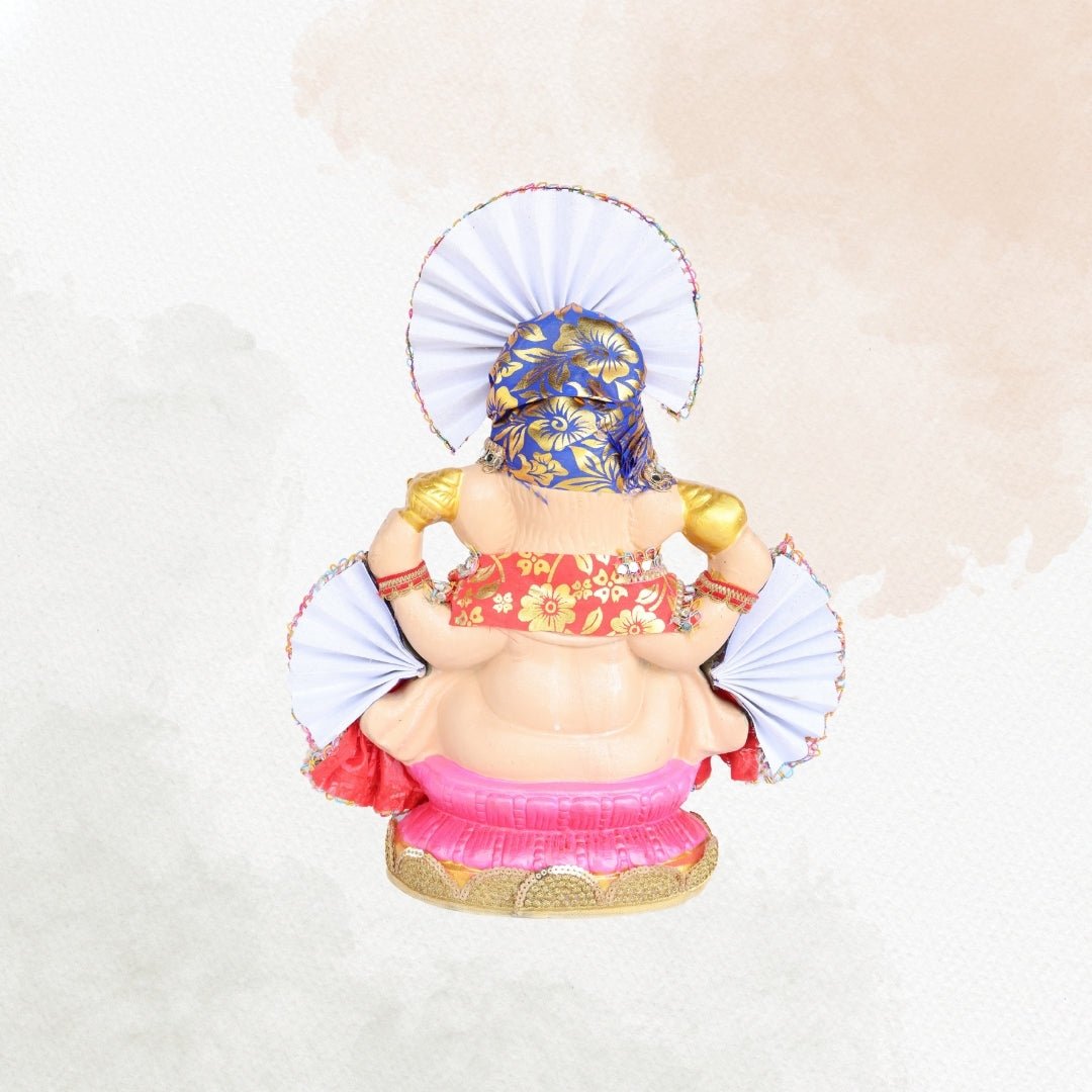 13 Inch – Ganesha Idol with Royal Blue Crown, Orange Attire & Decorative Fan-Style Pagdi