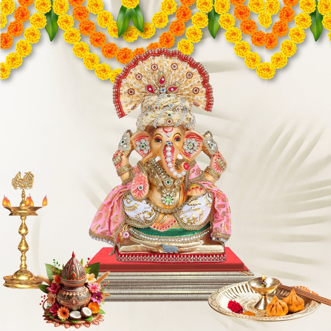 13 Inch – Elegant Cream & Gold Shadu Mitti Ganesha Idol with Royal Pagdi, Fan Crown & Floral Pearl Jewelry