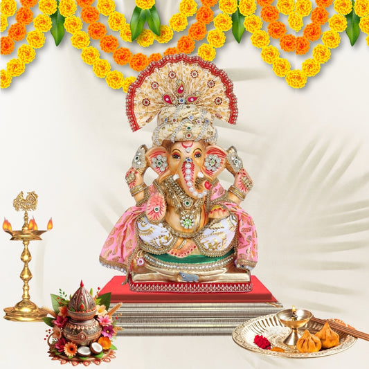 13 Inch – Elegant Cream & Gold Shadu Mitti Ganesha Idol with Royal Pagdi, Fan Crown & Floral Pearl Jewelry