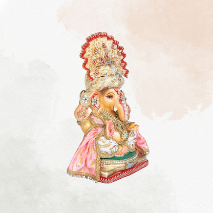 13 Inch – Elegant Cream & Gold Shadu Mitti Ganesha Idol with Royal Pagdi, Fan Crown & Floral Pearl Jewelry