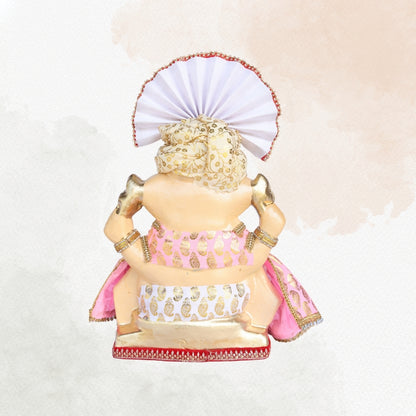 13 Inch – Elegant Cream & Gold Shadu Mitti Ganesha Idol with Royal Pagdi, Fan Crown & Floral Pearl Jewelry
