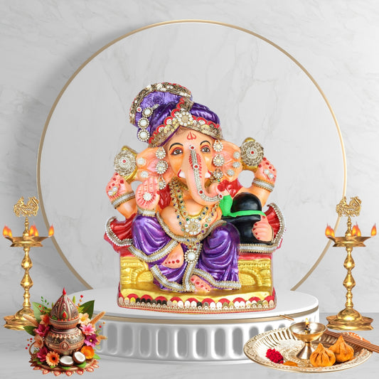 14 Inch – Majestic Seated Ganesha Idol in Royal Purple Attire | Shadu Mitti Clay Murti with Purple Pagdi, Shivling & Mirror Stone Detailing