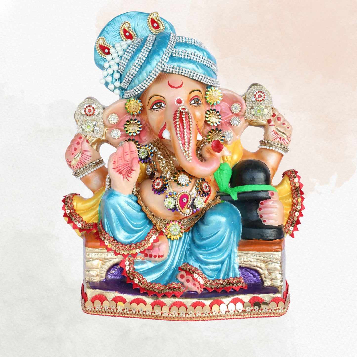 14 Inch – Majestic Blue Turban Ganesha Idol with Shivling | Handcrafted Shadu Mitti Murti | Eco-Friendly & Visarjan Friendly