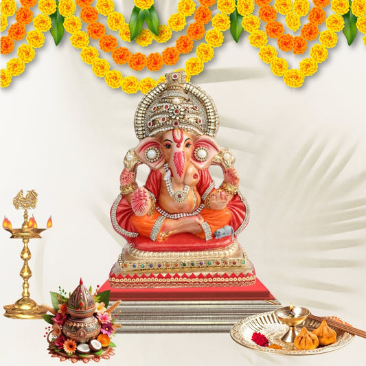 11 Inch – Royal Seated Ganesha Idol in Orange Attire | Shadu Mitti Clay Murti with Beaded Crown & Pearl Stone Work