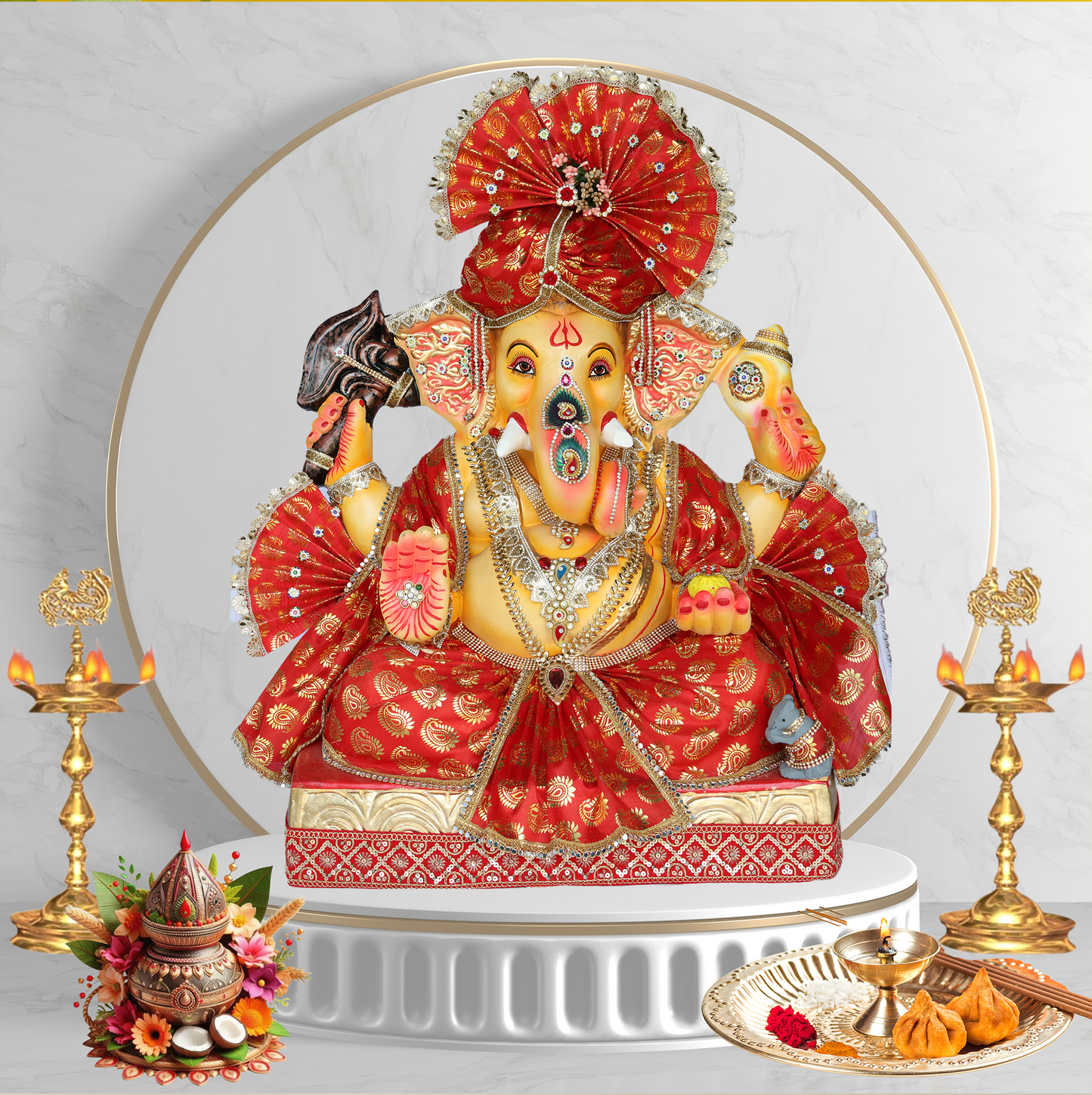34Inch - Traditional Seated Ganesha Idol in Red Royal Attire | Shadu Mitti Clay Murti with Majestic Pagdi and Kundan Detailing