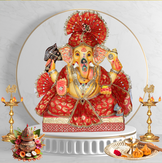 34Inch - Traditional Seated Ganesha Idol in Red Royal Attire | Shadu Mitti Clay Murti with Majestic Pagdi and Kundan Detailing
