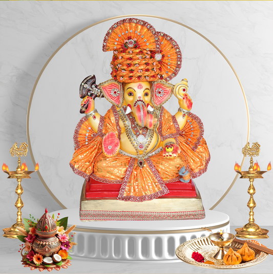 39Inch - Majestic Ganesha Idol in Designer Orange Attire with Fan Style Pagdi | Eco-Friendly Shadu Mitti Murti for Grand Celebrations