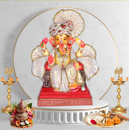 34Inch - Royal Seated Ganesha Idol in Elegant White & Gold Attire | Shadu Mitti Murti with Designer Pagdi and Golden Kalash