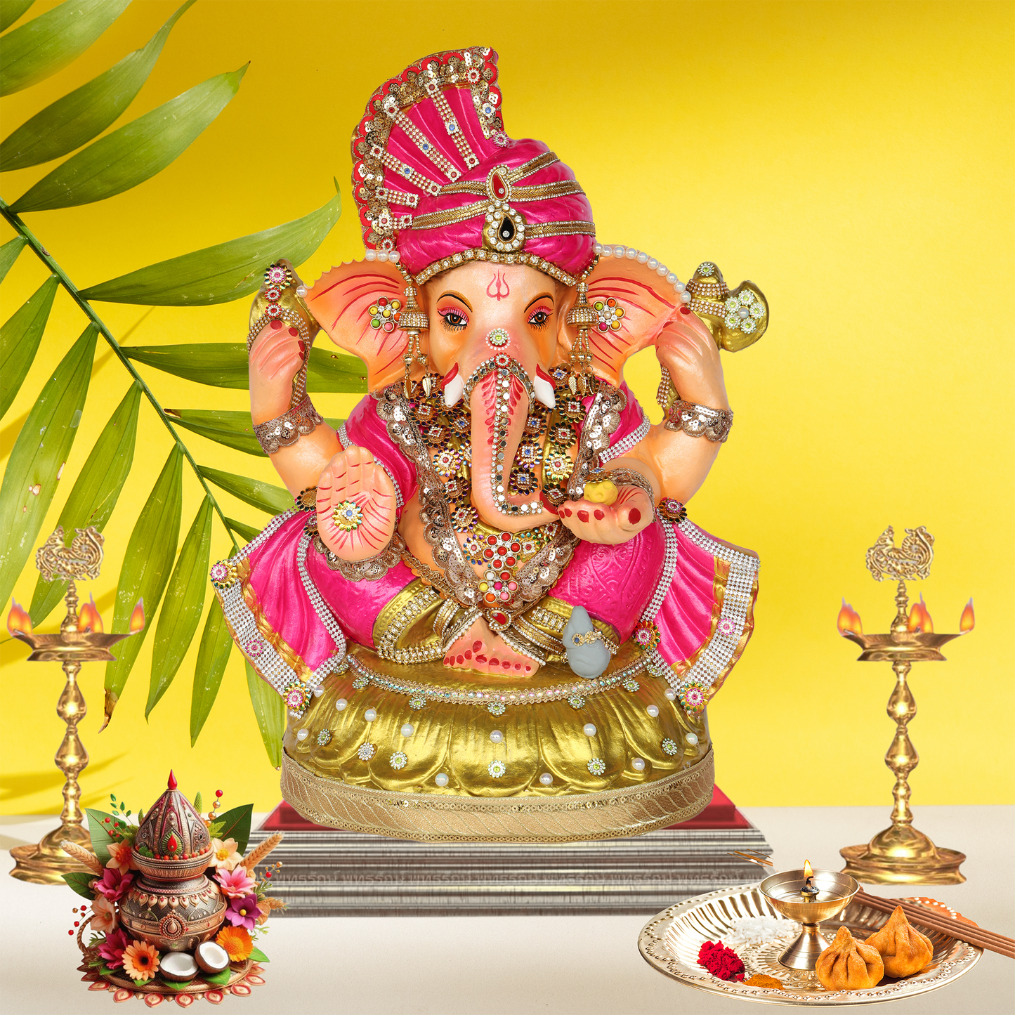 23 Inch – Royal Pink Ganesha Idol | Shadu Mitti Eco-Friendly Murti with Golden Base & Crown Pagdi