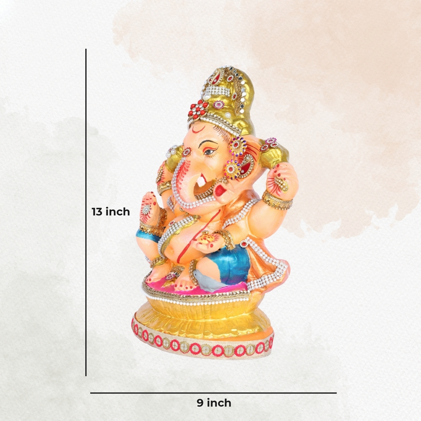 13 Inch – Warm Orange and Blue Attire Ganesha Idol | Decorated with Beads & Stones | Traditional Finish | Eco-Friendly Clay