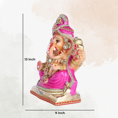 13 Inch – Pink Attire with Pearl & Kundan Embellishments | Eco-Friendly Shadu Mitti Lord Ganesha Idol