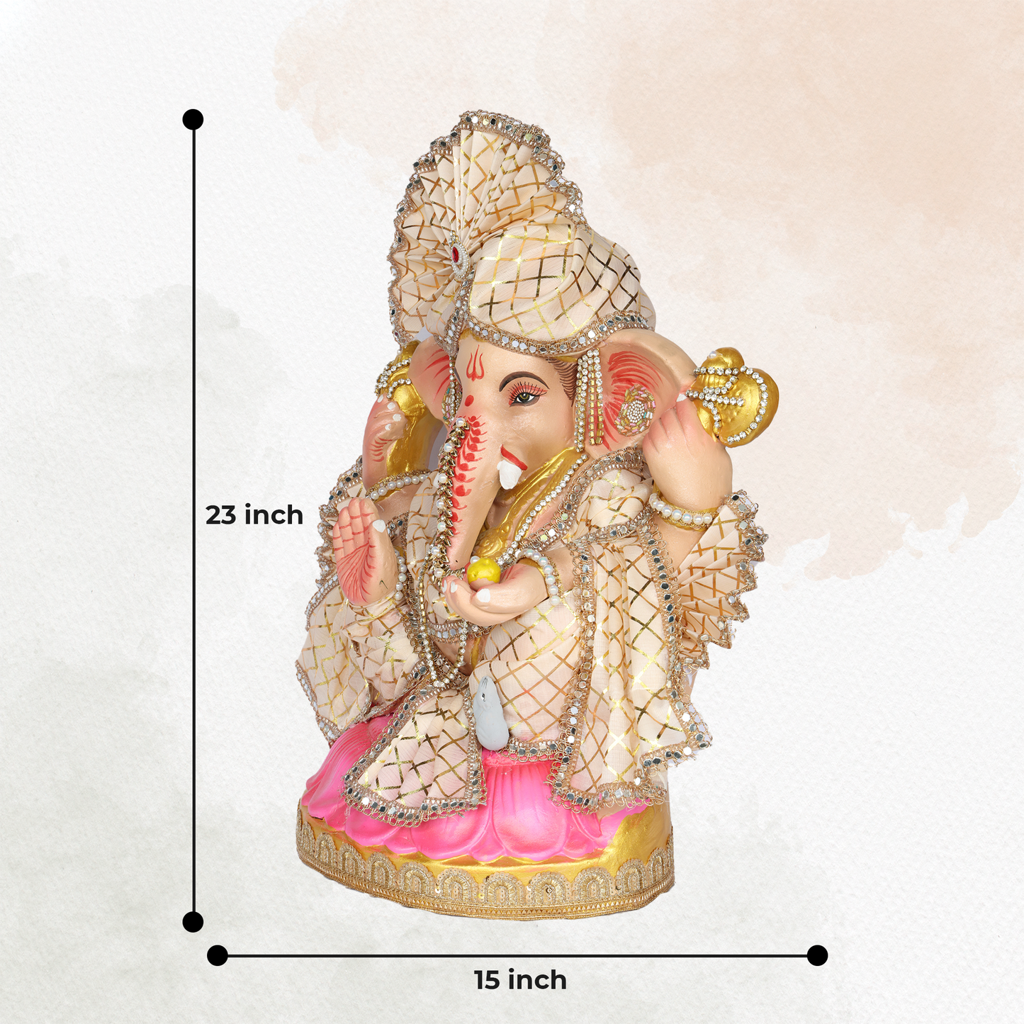 23 Inch – Elegant Seated Ganesha Idol in Cream Gold Attire | Shadu Mitti Clay Murti with Designer Fan-Style Pagdi & Pearl Stone Embellishments