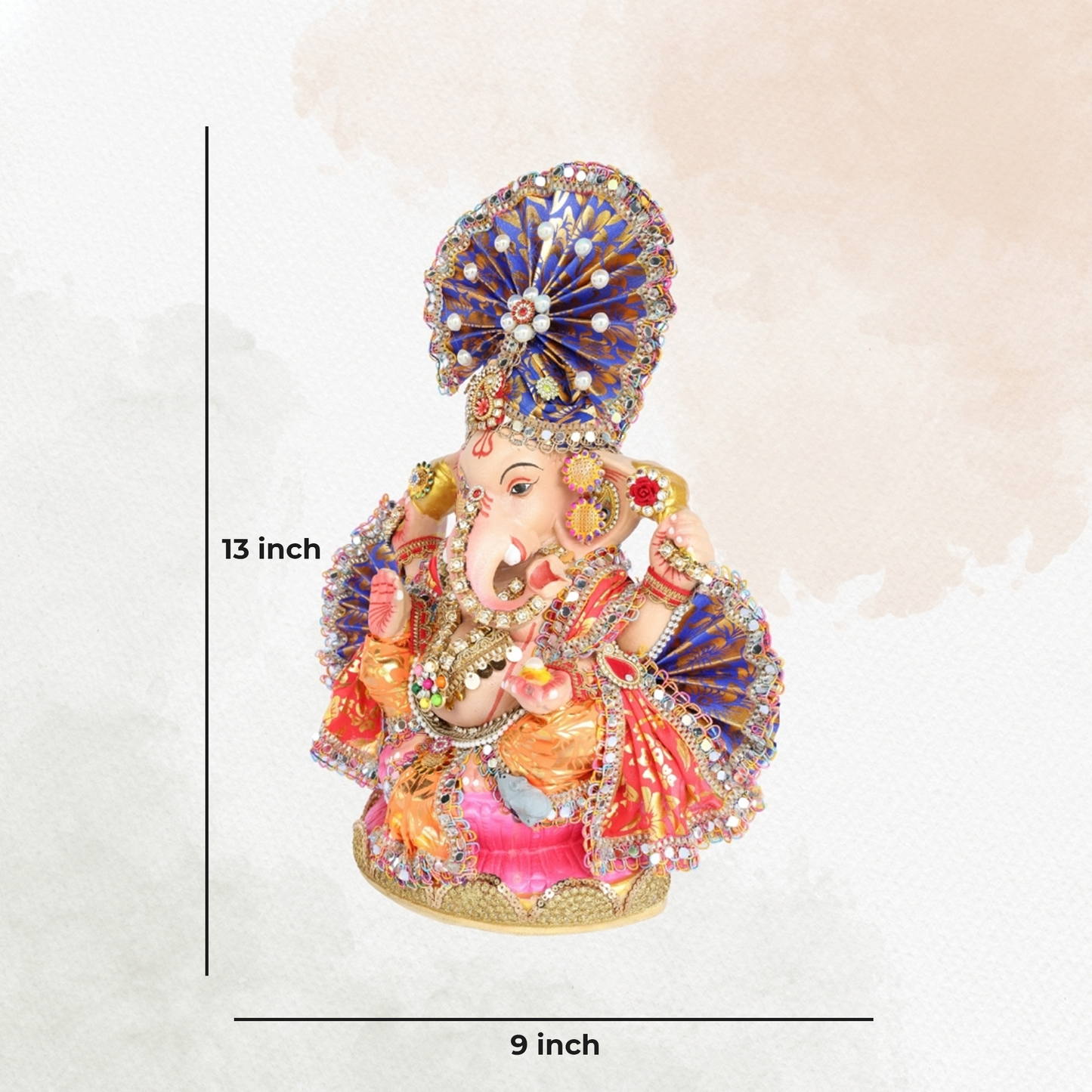 13 Inch – Ganesha Idol with Royal Blue Crown, Orange Attire & Decorative Fan-Style Pagdi