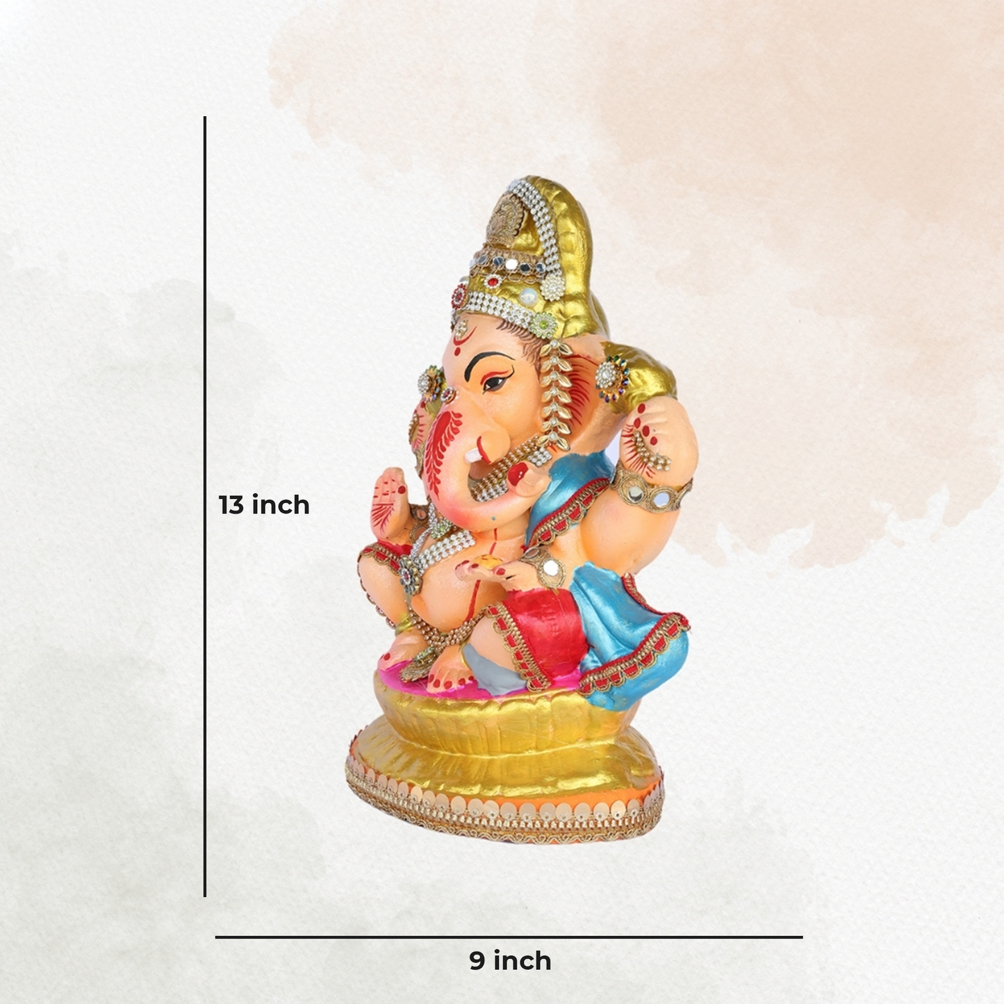 13 Inch – Royal Ganesha Idol  | Blue & Gold Attire | Stone-Studded | Eco-Friendly Clay