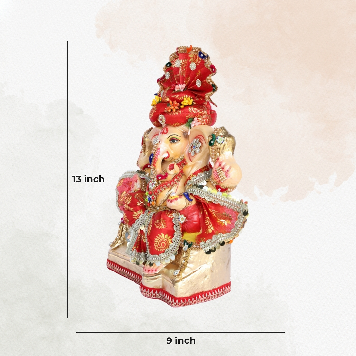 13 Inch – Traditional Red Shadu Mitti Ganesha Idol with Embroidered Crown, Vibrant Attire & Floral Ornaments