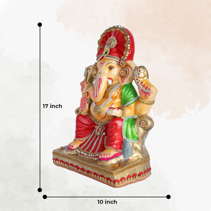 17 Inch – Royal Seated Ganesha Idol in Red Dhoti | Eco-Friendly Shadu Mitti Murti with Elegant Red Pagdi & Crystal Jewelry