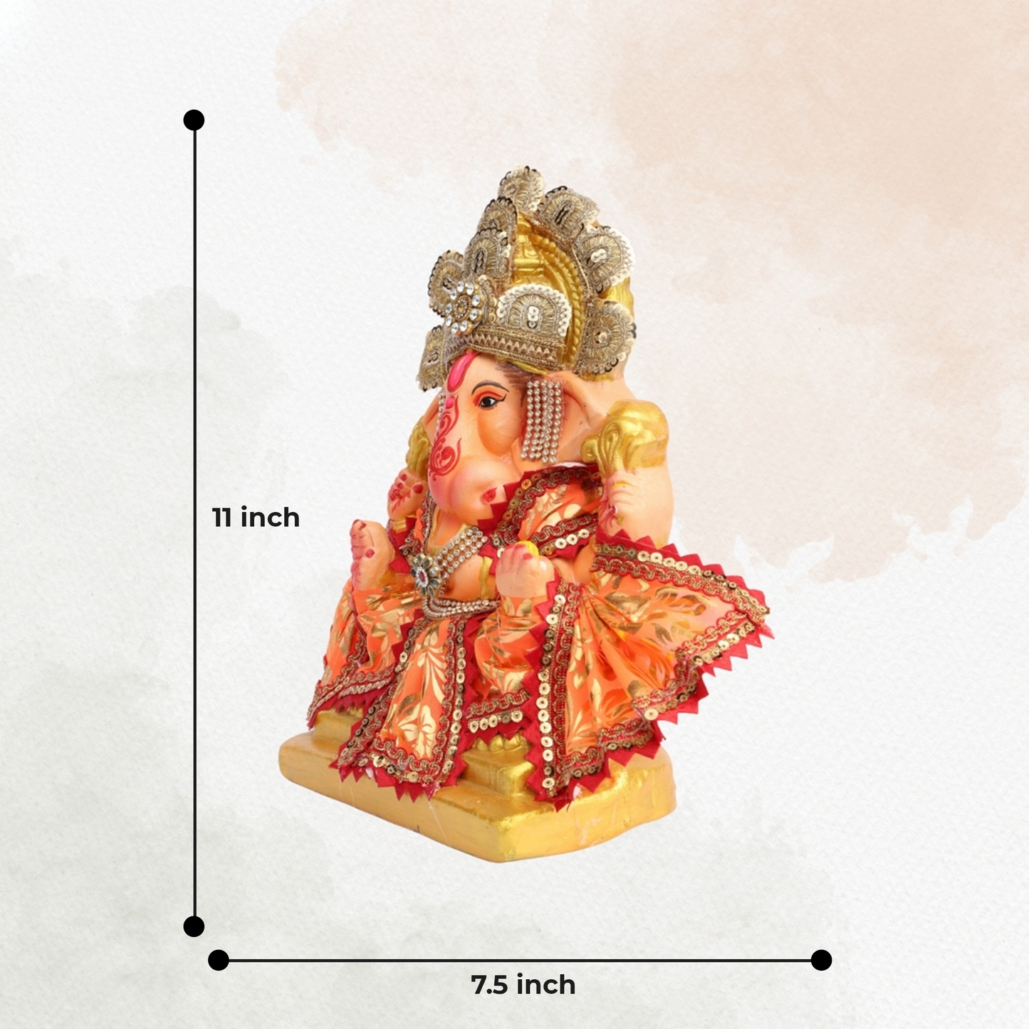 11 Inch – Vibrant Seated Ganesha Idol in Orange & Gold Attire | Eco-Friendly Shadu Mitti Murti with Pearl Crown & Lace Work
