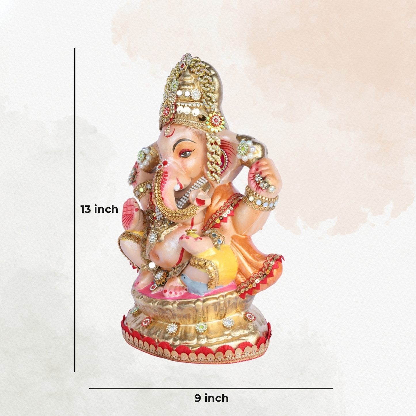 13 Inch – Eco-Friendly Shadu Mitti Lord Ganesha Idol | Golden Crown with Pearl & Kundan Work | Biodegradable Ganpati Murti for Ganesh Chaturthi & Visarjan