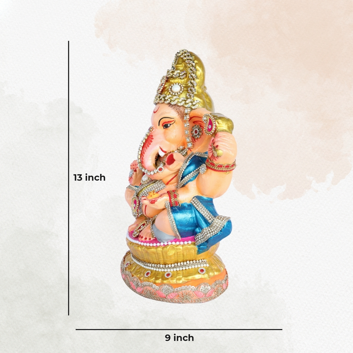 13 Inch – Divine Seated Ganesha Idol in Blue Attire – Shadu Mitti Clay Murti with Grand Golden Crown & Pearl Work