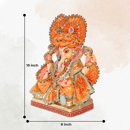 19 Inch – Regal Seated Ganesha Idol in Vibrant Orange Attire | Shadu Mitti Eco-Friendly Murti with Grand Turban & Blessing Pose